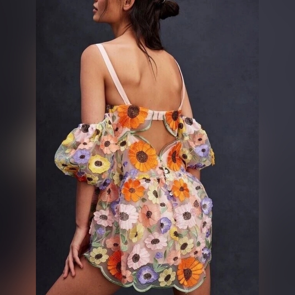 New For Love & Lemons‎ Multicolored Floral Prato Corset Off Shoulder Mini Dress